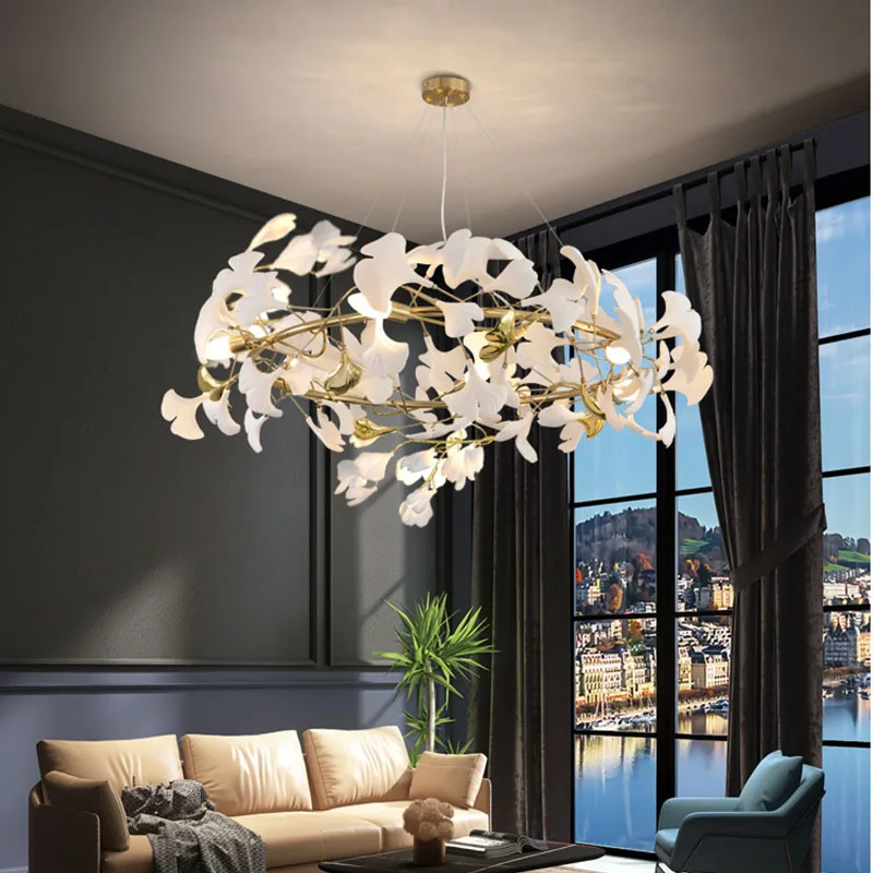 

Luxury Plastic Ceramic Chandelier Hanging Light Fixtures for Living Room Ginkgo Leaves LED Pendant Lamp Art Villa Study Bedroom