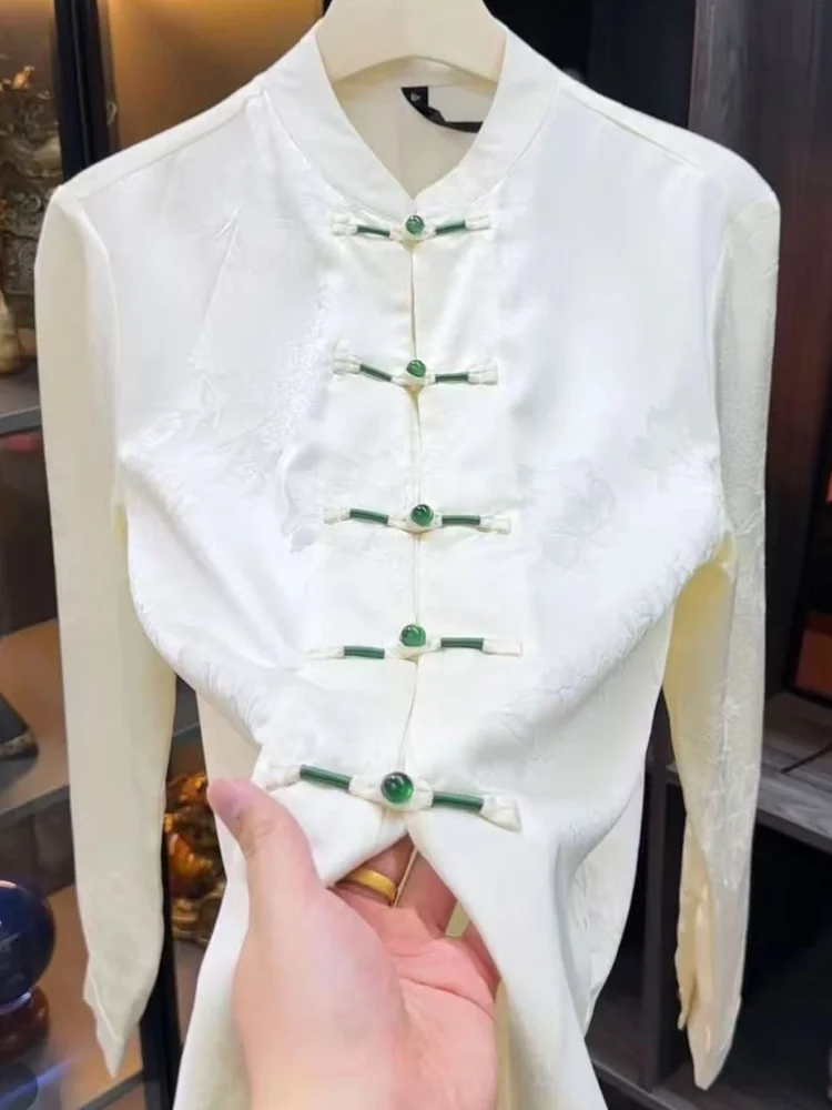 

New Summer Chinese Style Tang Suit Shirt Men's Fashion High-End Feeling Retro Embroidery Long Sleeve Casual Stand Collar Top