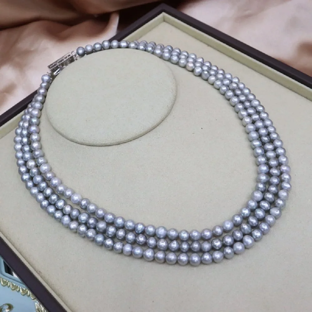 3-Row Natural Pearl AAA 5-6mm South Sea Round Grey Pearl Necklace 17*18*19 inch 925s Other Sizes Contact Customer Service