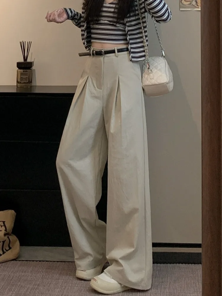 

High Waist Wide Leg Suit Pants Women's Spring Autumn New Style Small Size Casual Straight Cut Draping Floor-Length Trousers