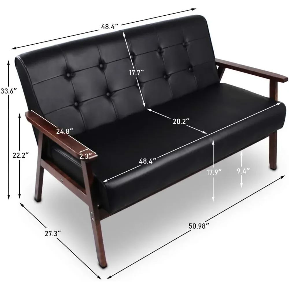 Mid-Century Modern Solid Loveseat Sofa Upholstered Faux Leather Couch 2-Seat Wood Armchair Living Room