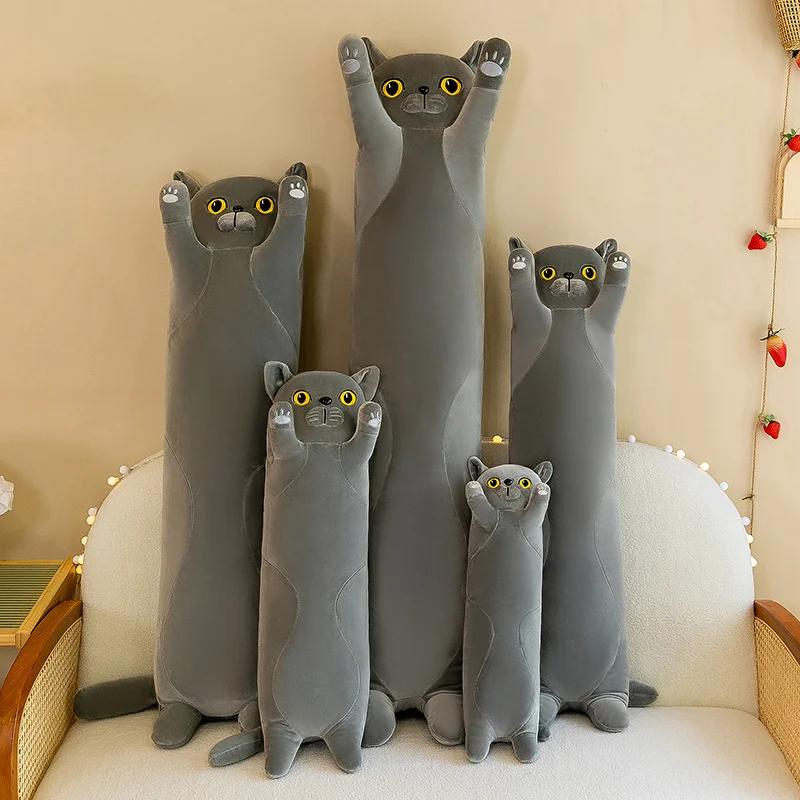 50-130cm Giant Gray Long Cat Plush Pillow Kawaii Soft Stuffed Toy Plushies Squishy Sofa Cushion Decor Birthday Gifts For Girls