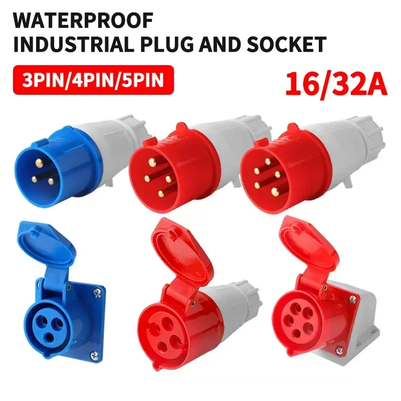 

5Pcs Industrial Plug and Socket Waterproof Connector 3PIN 4PIN 5PIN 16A/32A Waterproof Electrical Connection Wall Mount Socket