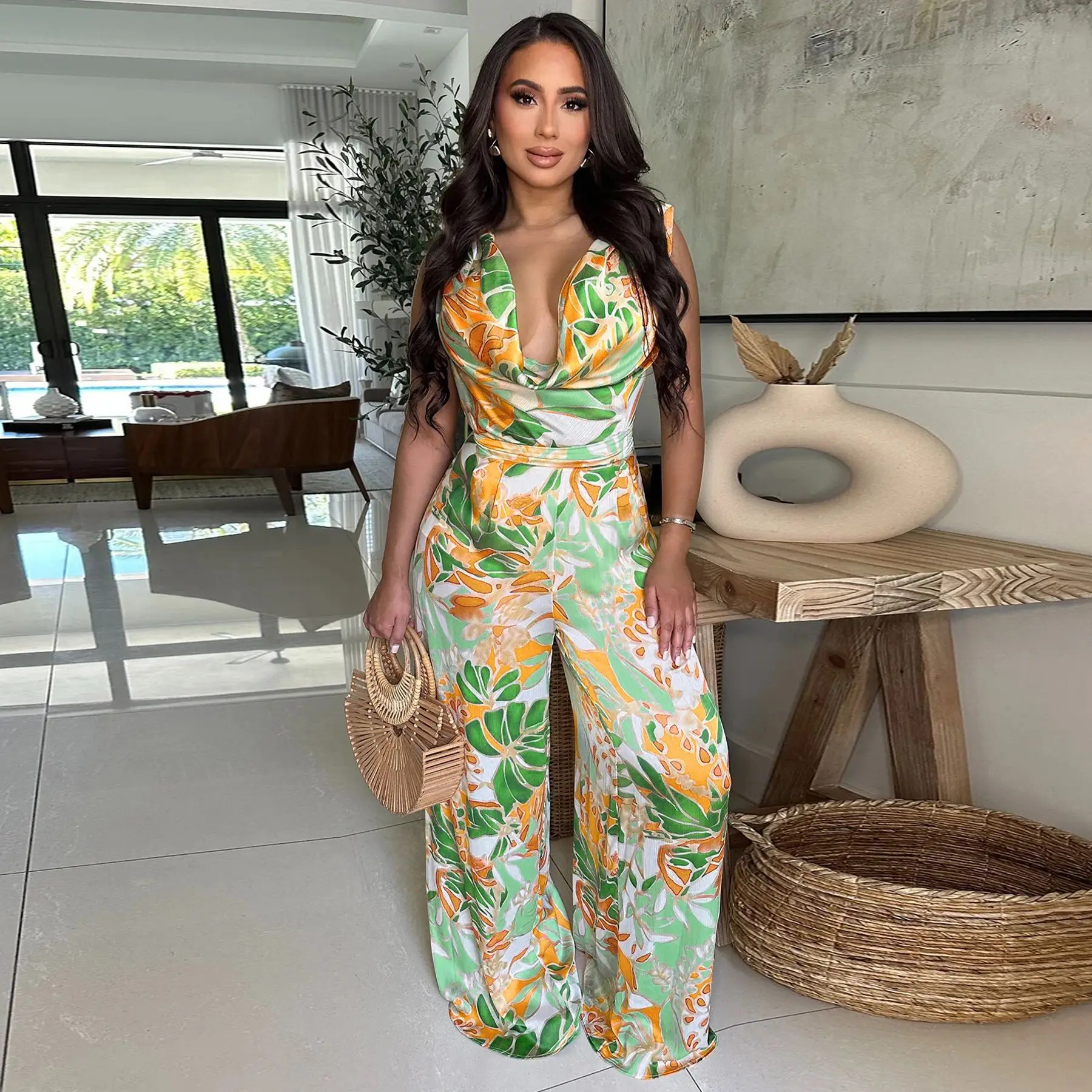 패션 여성 꽃 인쇄 빈티지 민소매 넓은 다리 점프 슈트 여름 해변 나이트 클럽 Playsuit 원피스 정장 Romper