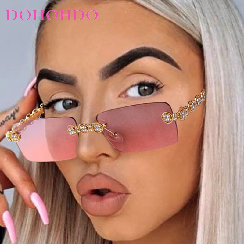 

DOHOHDO New Fashion Luxury Brand Designer Design Eye Protection Rectangular Frameless Cut Diamond Metal Ladies Sunglasses UV400