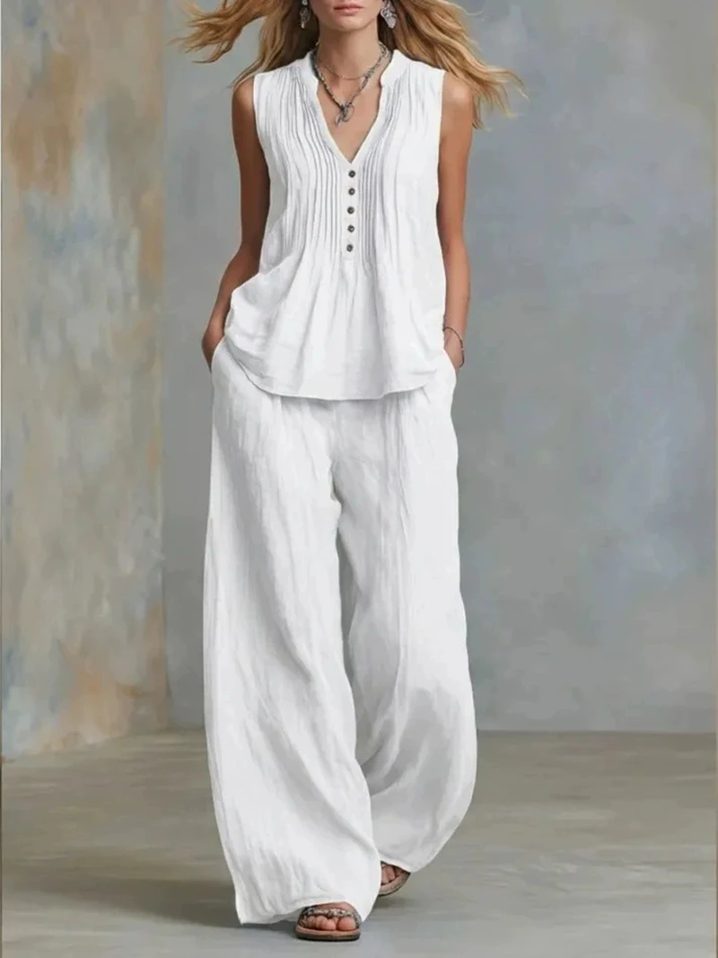 

Women's V-neck Shrink Fold Two Piece Set Solid Color Sleeveless Top Loose Casual Pants Daily Wear
