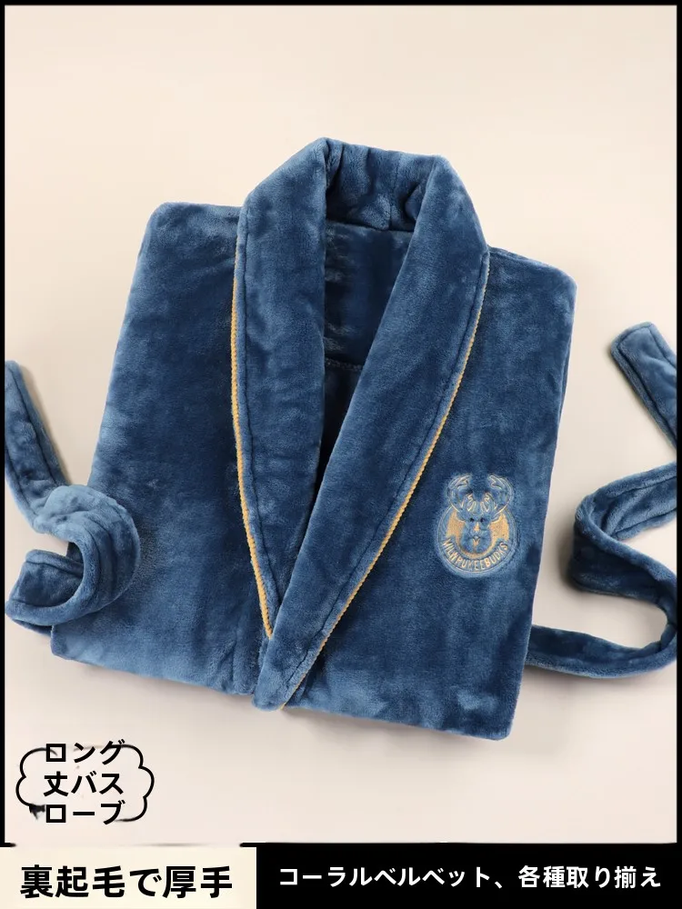 メンズコーラルフリースパジャマ肥厚フランネル-v-ネックベルト付きミッドレングスパジャマ冬の新スタイルユースホーム服ローブ