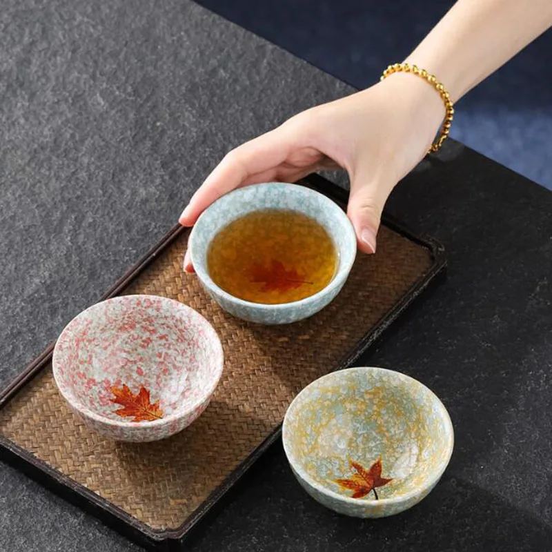 6 Pcs/Set Kiln Transmutation Porcelain Kungfu Tea Cups Maple Leaf Pattern Tea Bowl Master Cup Kitchen Drinking Tool