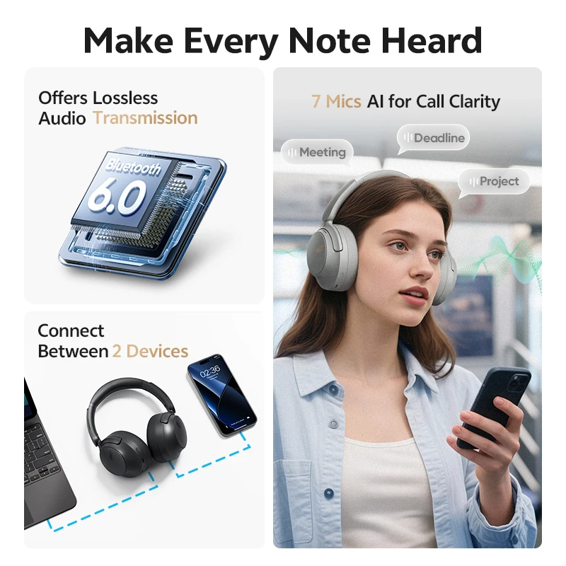 QCY H3S سماعات رأس لاسلكية بلوتوث 6.0 إلغاء الضوضاء-56dB فوق الأذن سماعة صوت مسكن عالي الدقة سماعة رأس مزدوجة السائق 102H #6