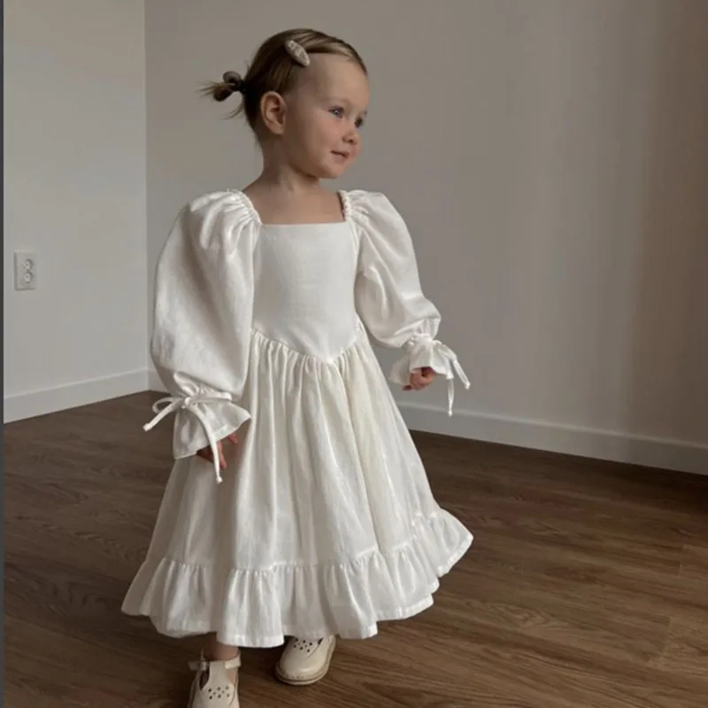 2025 New Spring European American Style 2-6Yrs Baby Girl Party Dress Long Sleeved Solid Color Linen Cotton Kids Princess Dresses