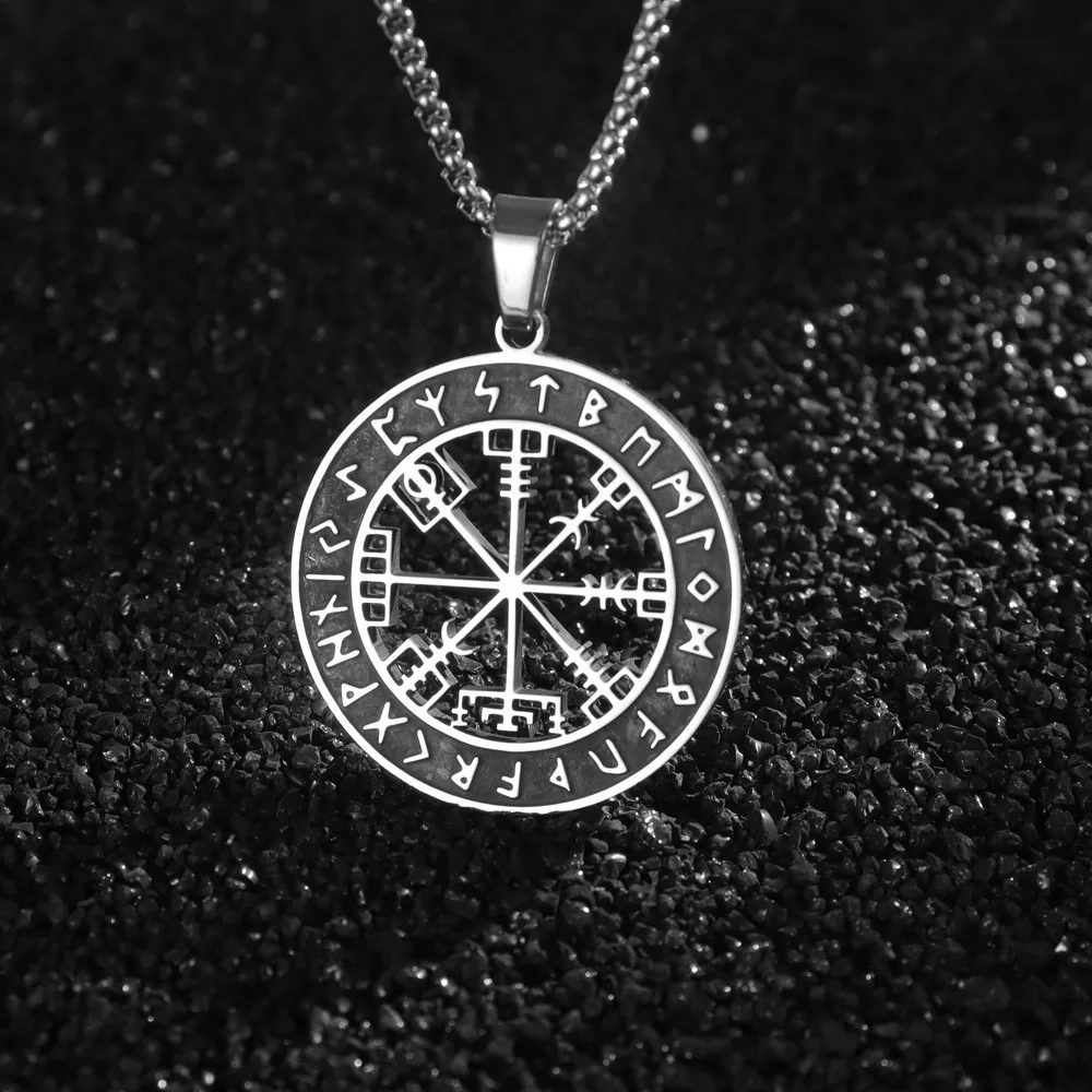 Retro Norse Mythology Odin Runa Compass Rune Pendant Necklace Men's Fashion Punk Trend Cool Jewelry