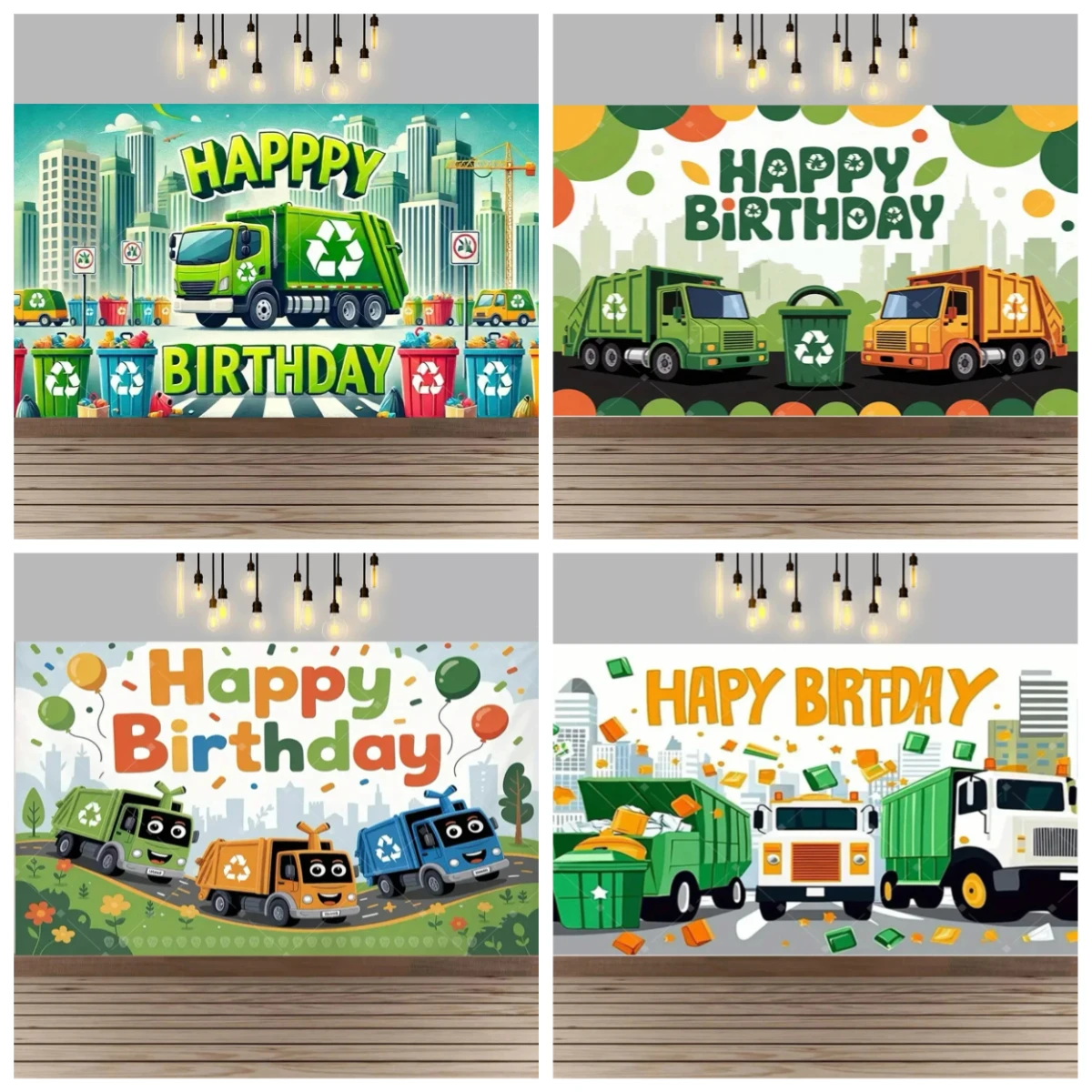 

Recycling bin garbage truck theme party decoration banner background, children birthday party decoration photography background