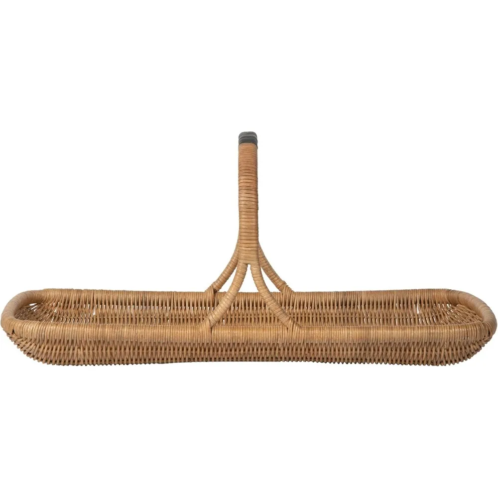 Factory Direct 2026 Large Natural Wicker Vegetable Flower Basket with Leather-Wrapped Arch Handle