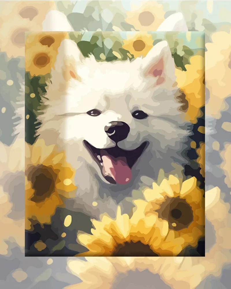 DIY Paint By Numbers Samoyed Dog Cute Puppy Oil Painting for Adults and Kids Beautiful Art Decoration