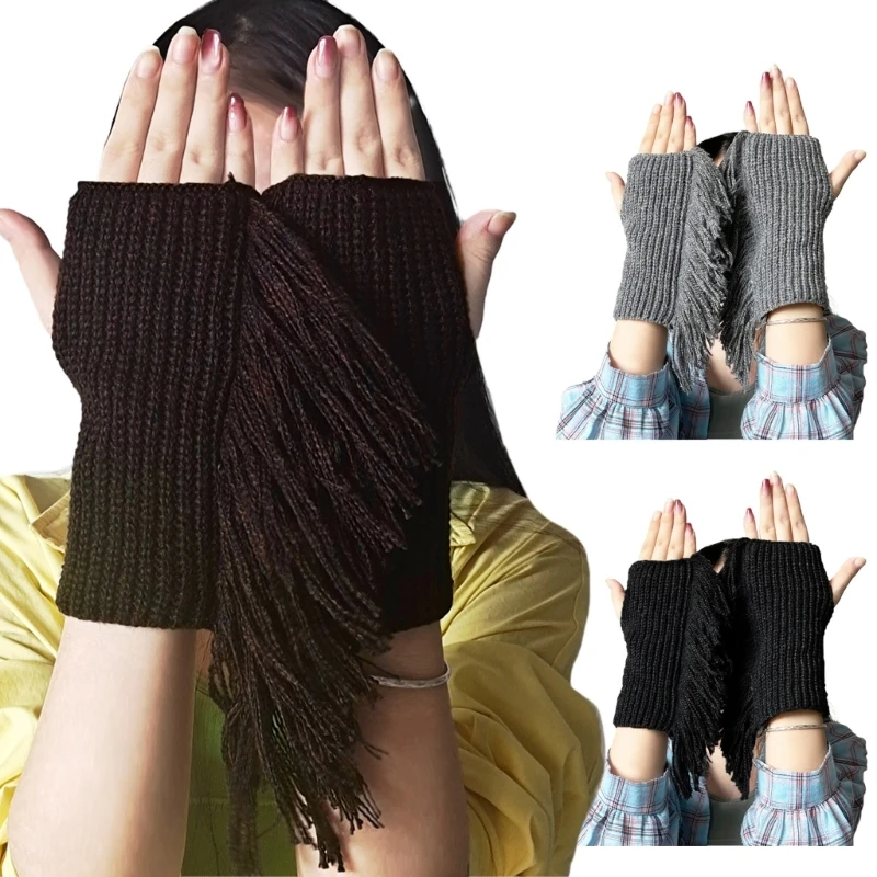 

Adult Teens Tassels Knitted Winter Gloves Women Men Solid Color Stretchy Half Finger Mittens Outdoor Cycling Skiing Gloves