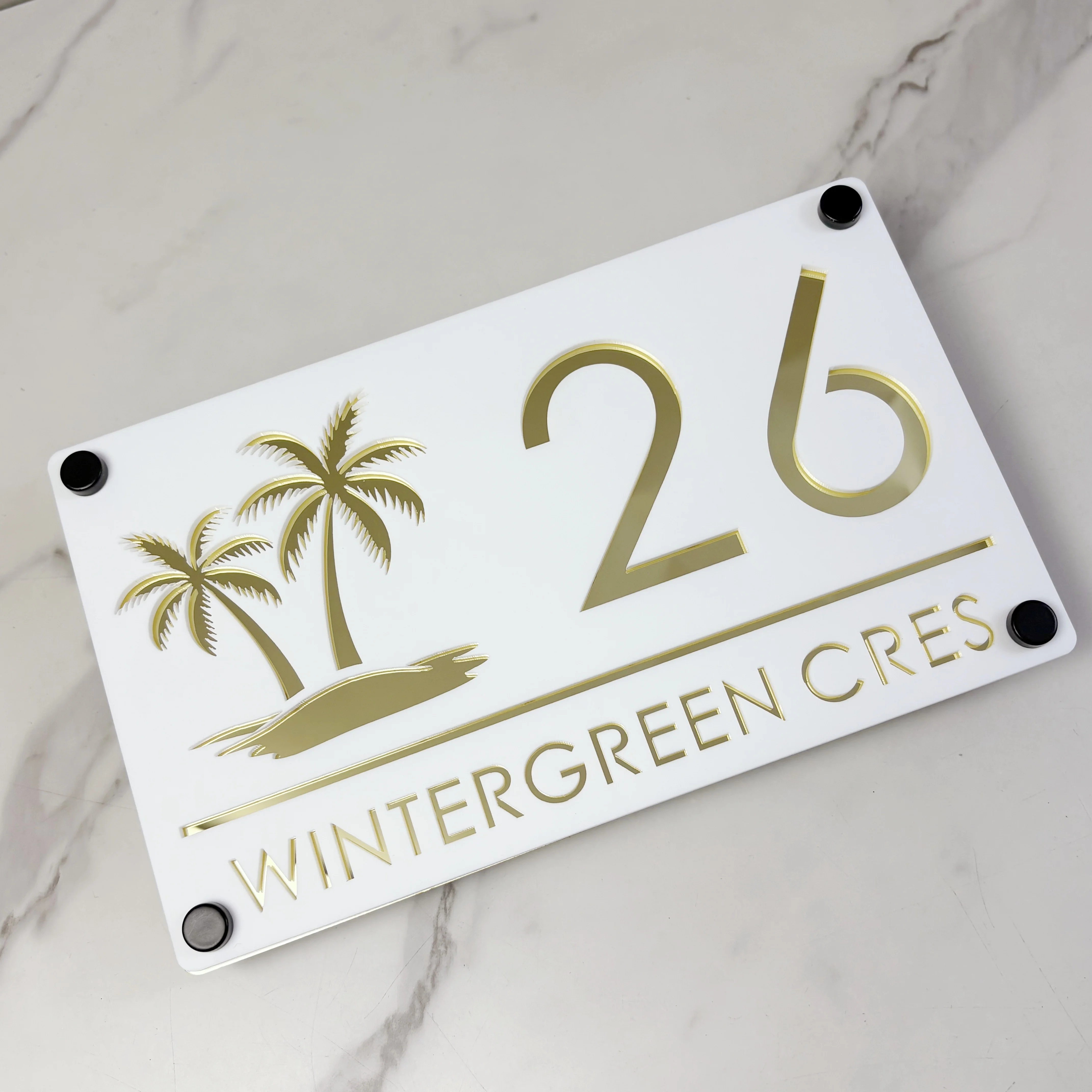 رقم منزل مخصص حديث، علامات باب جدارية خارجية، لوحات عنوان أكريليك مقطوعة بالليزر، هدايا شجرة النخيل