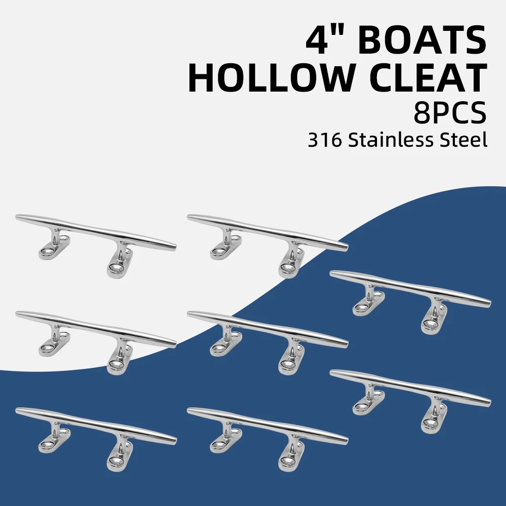 

8 PCS Set 4 inch 316 Stainless Steel Boats Hollow Cleat Polished Marine Hardware Flat Deck Mooring Kayak Boat Accessories