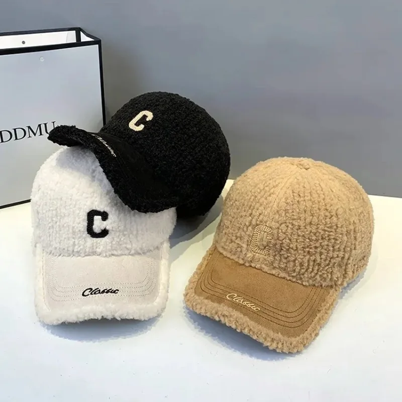 Winter Lamb Wool Stitching Embroidered Baseball Cap For Women Retro Outdoor Men's Warm Sunshade Peaked Hat