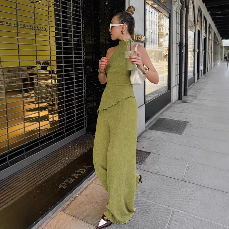 Moda francesa verde plissado terno 2025 primavera e verão pescoço superior calças de perna larga conjunto de duas peças roupas femininas commuter