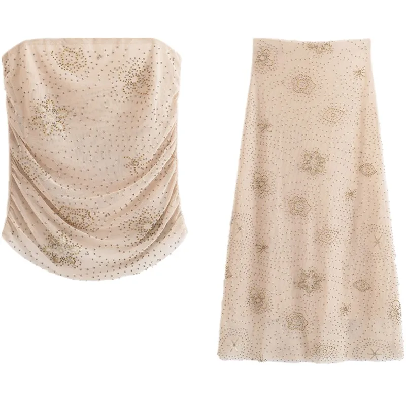 Conjunto de Top y Falda de Malla con Cuentas de Cintura Media para Mujer, Diseño de Moda Verano 2025, Falda Midi Sensacional ...