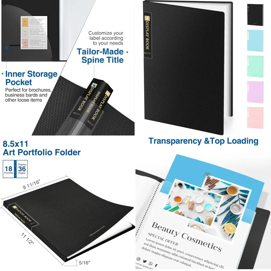 Sooez, 18 карманов, папка с пластиковыми рукавами, 8,5x11, сверхпрочная художественная папка-портфель с прозрачными защитными листами, дисплей, 36 страниц