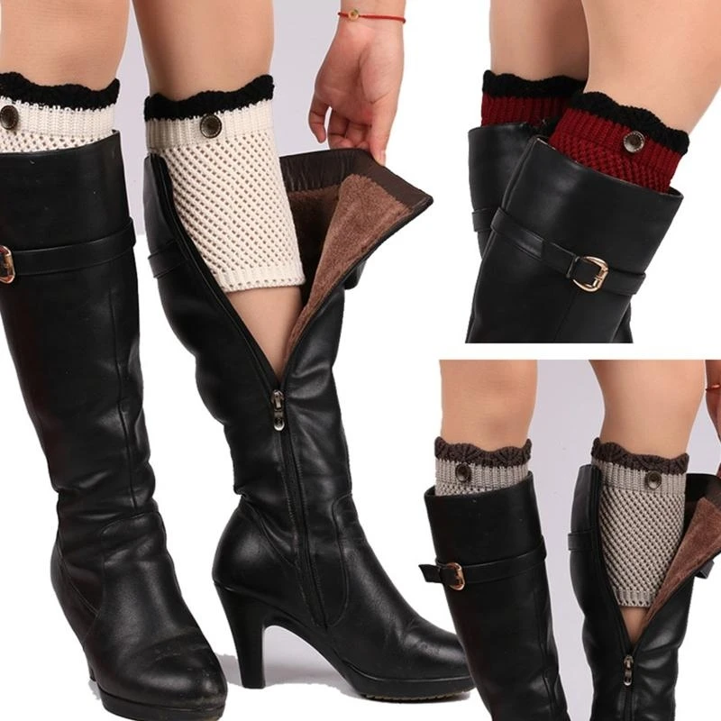 

Women Chunky Crochet Knit Leg Warmers Contrast Color Ruffled Button Boot Cuffs 15UB