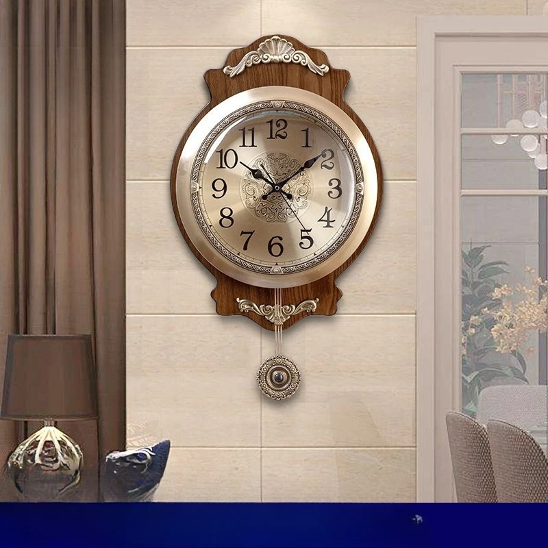 Brass retro European wall clock, simple American pastoral living room swing wall watch