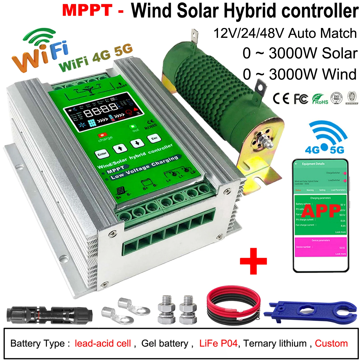 

MPPT Wind Solar Hybrid Charge Controller Wind 1500W 3KW Solar 3000W 12/24V/48V Auto Hybrid Controller Dump Load & WIFI Optional