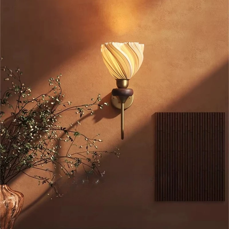 French Retro Spiral Pleated Milk White Glass Wall Lamp Mid-Century Sconce Bedroom Bedside Living Room Hallway Entryway Console