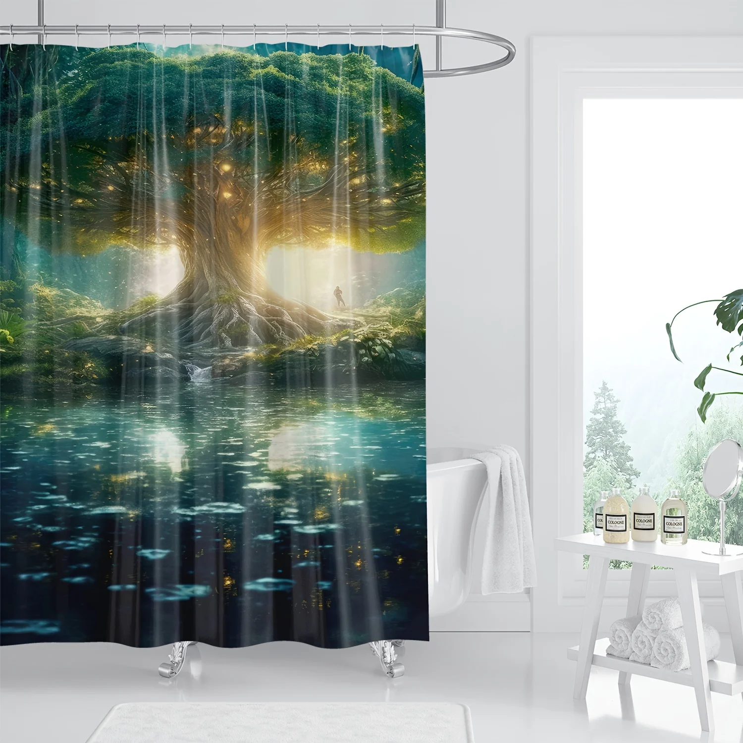 Magical Tree Lake Shower Curtain Polyester Printed Bathroom Decor Fantasy Nature Theme Home Bath Serene Forest Style