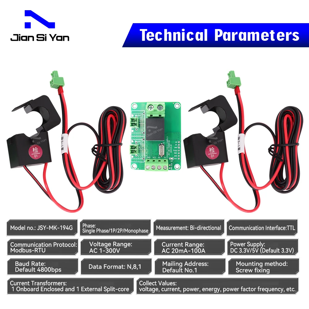 JSY-MK-194G AC 1P 20mA-100A Bidirectional Power Energy Meter Module With TTL Modubus-RTU (All functions same as JSY-MK-194T)