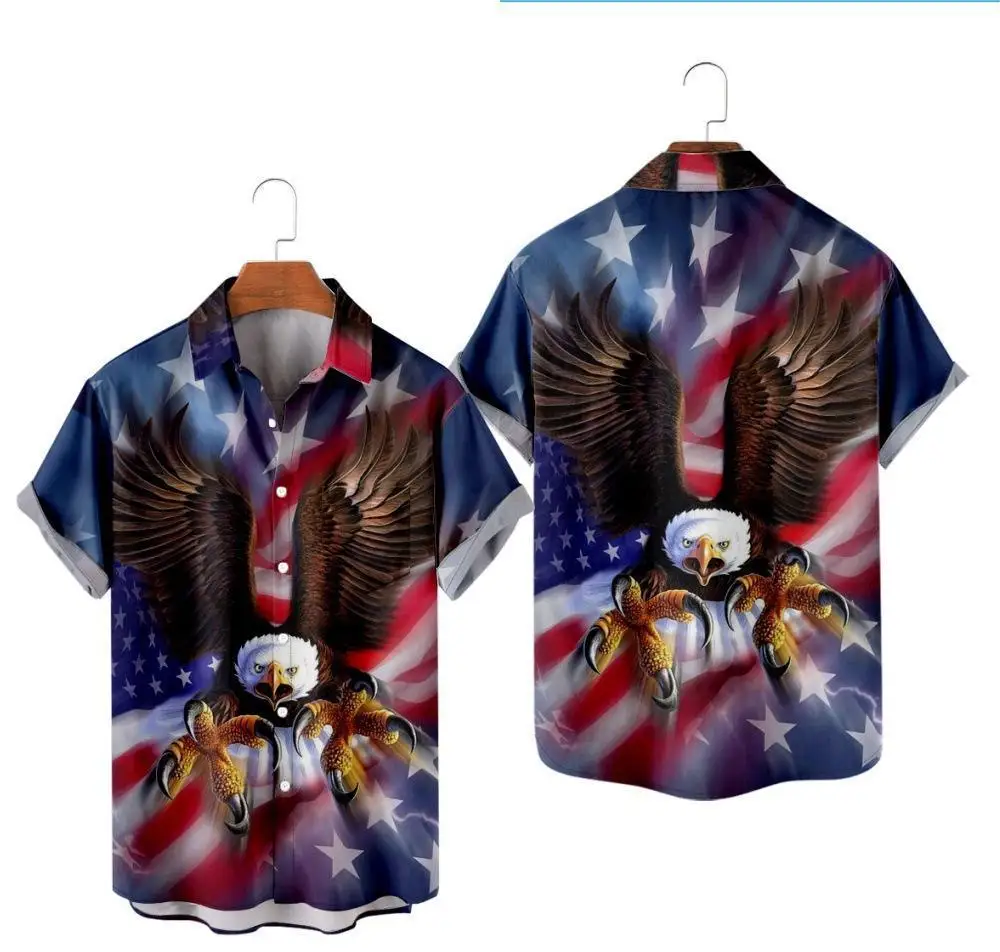 Camisa hawaiana de manga corta para hombre, camisa elástica de cuatro lados con estampado 3D del Día de la independencia de la bandera de EE. UU., novedad de 2023