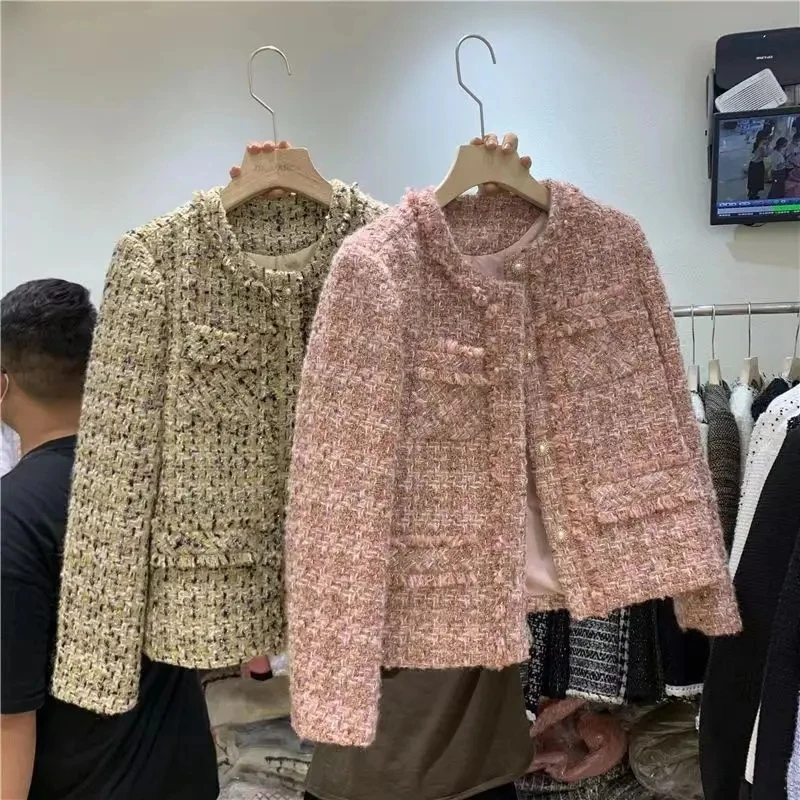 2024 New Spring Autumn Women's Jacket Tweed Small Fragrance Coat Short Korean Fashion Advanced Sense Temperament Tops Cardigan