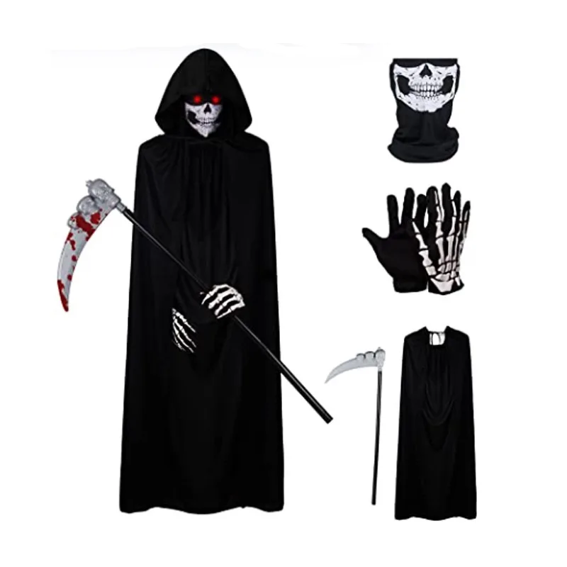 

5pcs Set Death Grim Reaper Cloak Costume for Kids & Adults Halloween Horror Robe with Glowing Red Eyes Glasses