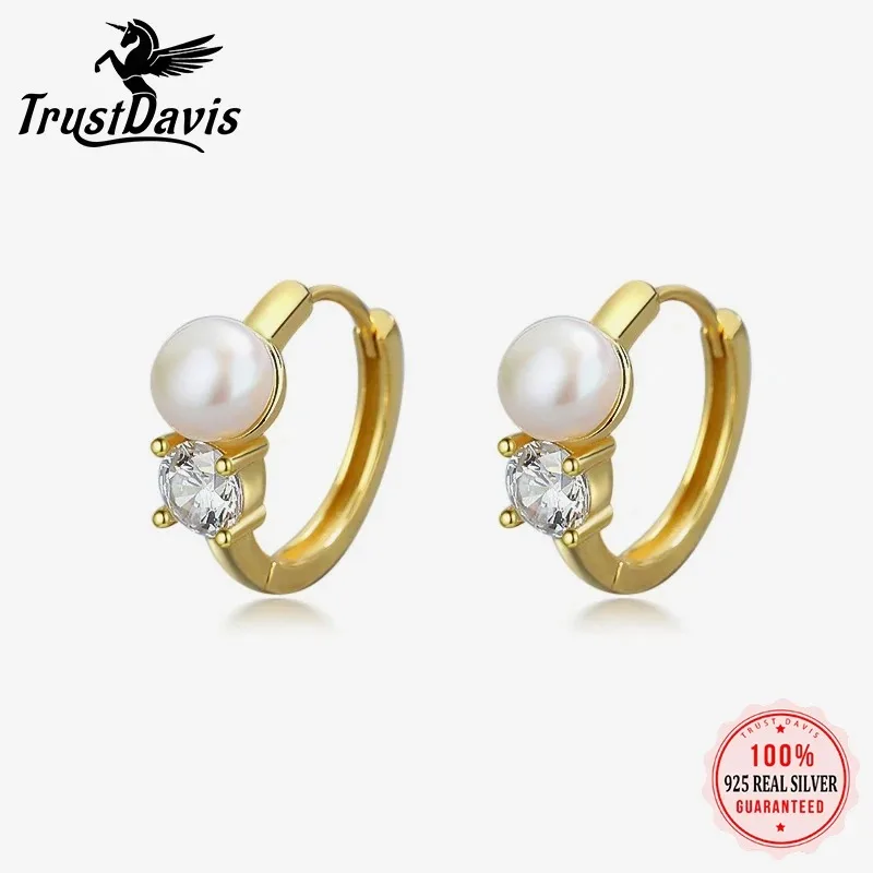 

TrustDavis Real 925 Sterling Silver Shiny Zircon Pearl Hoop Earrings for Fashion Women Office Lady Fine 925 Jewelry DS3929