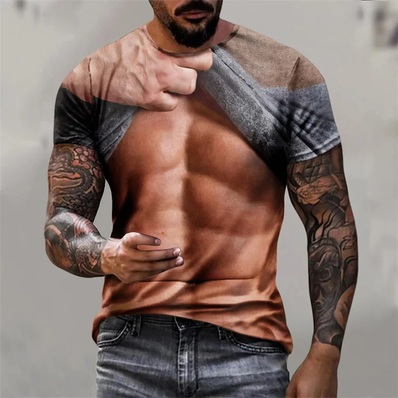 Harajuku 3D Sexy Muscle Printing T Shirt Fake Muscles Graphic T-shirts Kid Funny Streetwear Short Sleeves Cool Mens Clothing Top