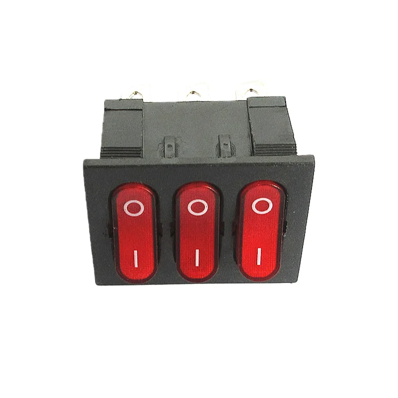 Dreifach, 2-Positionen, 9-polig, rot, beleuchteter Drei-in-Eins-Kombinations-Wippschalter mit bootförmigem Netzschalter