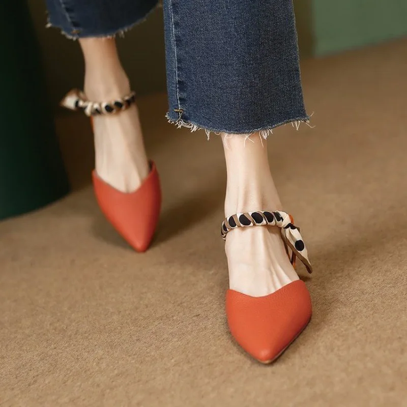 Slippers Mules Women Sandals Pointed Toe Low heel Luxury Slippers Clothes Elegant Party Korean Orange Slingback Sexy Woman Shoes