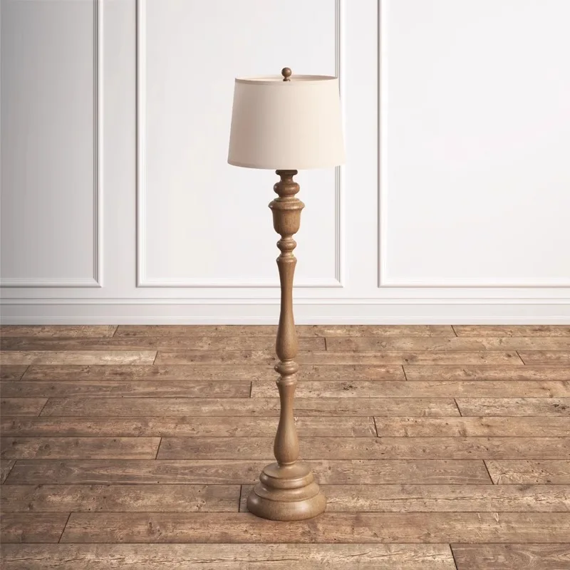 

European Style Retro Simple Bedroom Living Room Study Wooden Fabric Lampshade Floor Lamp