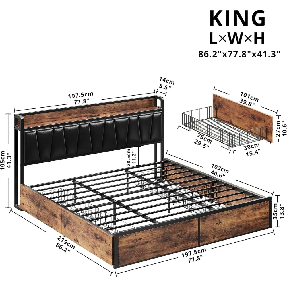 King Bed Frame with 4 Storage Drawers, Charged Headboard, Sturdy and Stable, No Box Spring Needed, Platform Bed