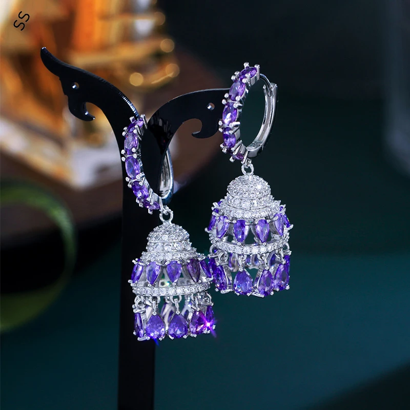 Noble Luxury Elegant Full of Inlaid Purple Zircon Water Drop Earrings Heavy Handmade  Stereo Bell Ear Buckle Circle Pins