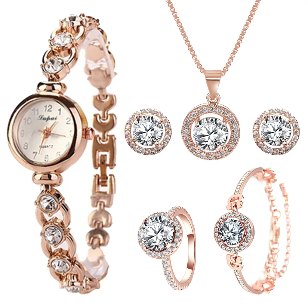 Conjunto de reloj de pulsera para mujer, cronógrafo de aleación de diamantes de imitación, de lujo, informal, 1/2/6 piezas