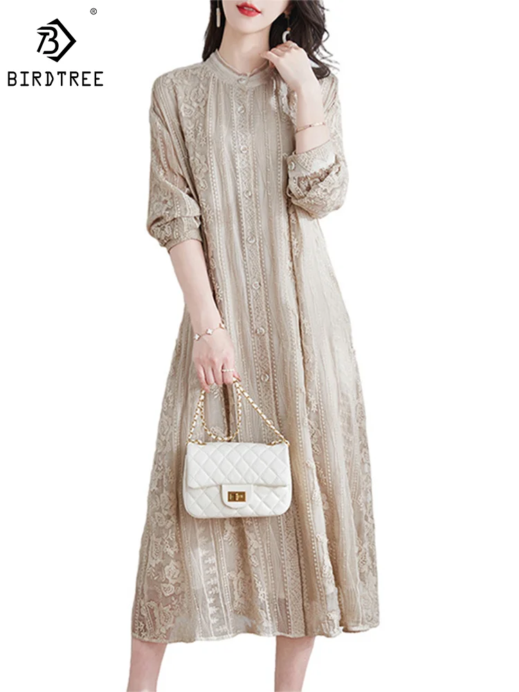 

Birdtree 100%Natural Silk Woman Embroidery Lace Dresses O-Neck High Waist Elegant Midi Dress OL Summer Autumn 2023 New D383112QM