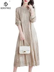 Birdtree 100%Natural Silk Woman Embroidery Lace Dresses O-Neck High Waist Elegant Midi Dress OL Summer Autumn 2023 New D383112QM