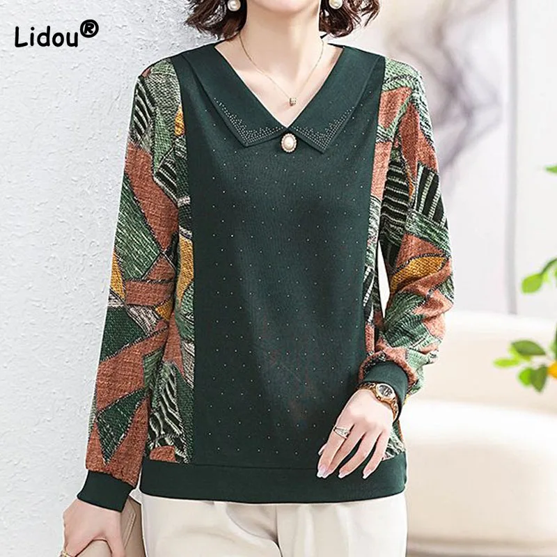 

Spring Autumn Loose Commute Lady Print Patchwork T-shirt Casual Simplicity Polo-Neck All-match Long Sleeve Tops Women's Clothing