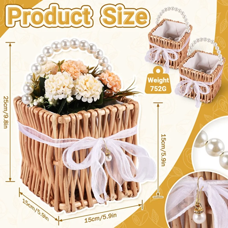 Woven Storage Basket Handle And Ribbon,Wedding Flower Girl Baskets Wicker Rattan Flower Basket For Home Garden Decor