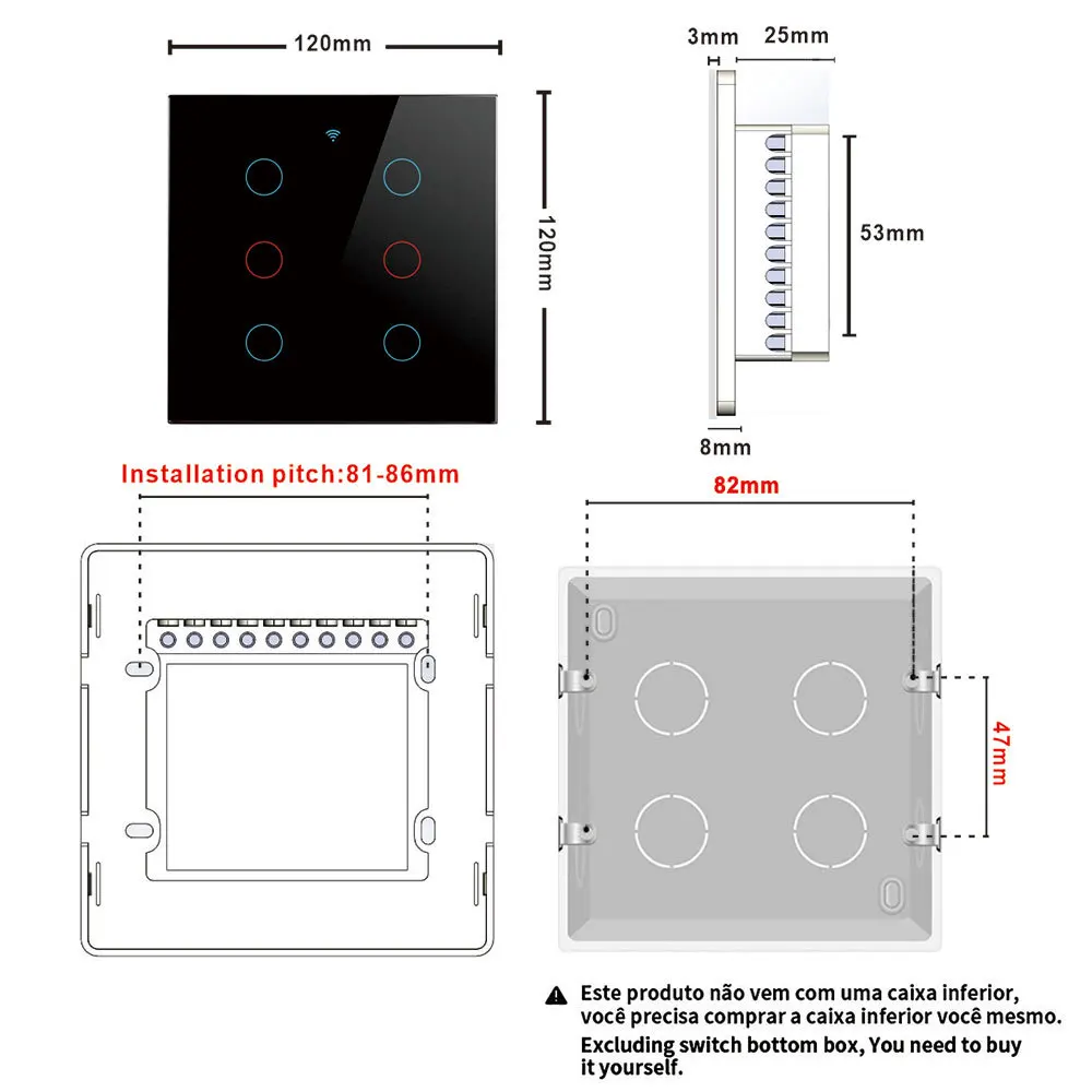 Brazil 4x4 Tuya WiFi Smart Switch RF433Mhz Touch Panel 4/6 Gang Timing Light Switch APP Control Voice With Alexa Google Home