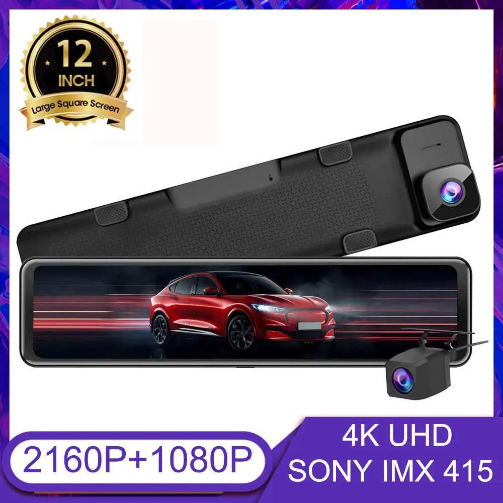 Car DVR 4K 2160P 12 Inch Sony IMX415 Rear View Mirror Camera FHD 1080P Rear Camera Dash Cam Video Recorder Registrar with Mount