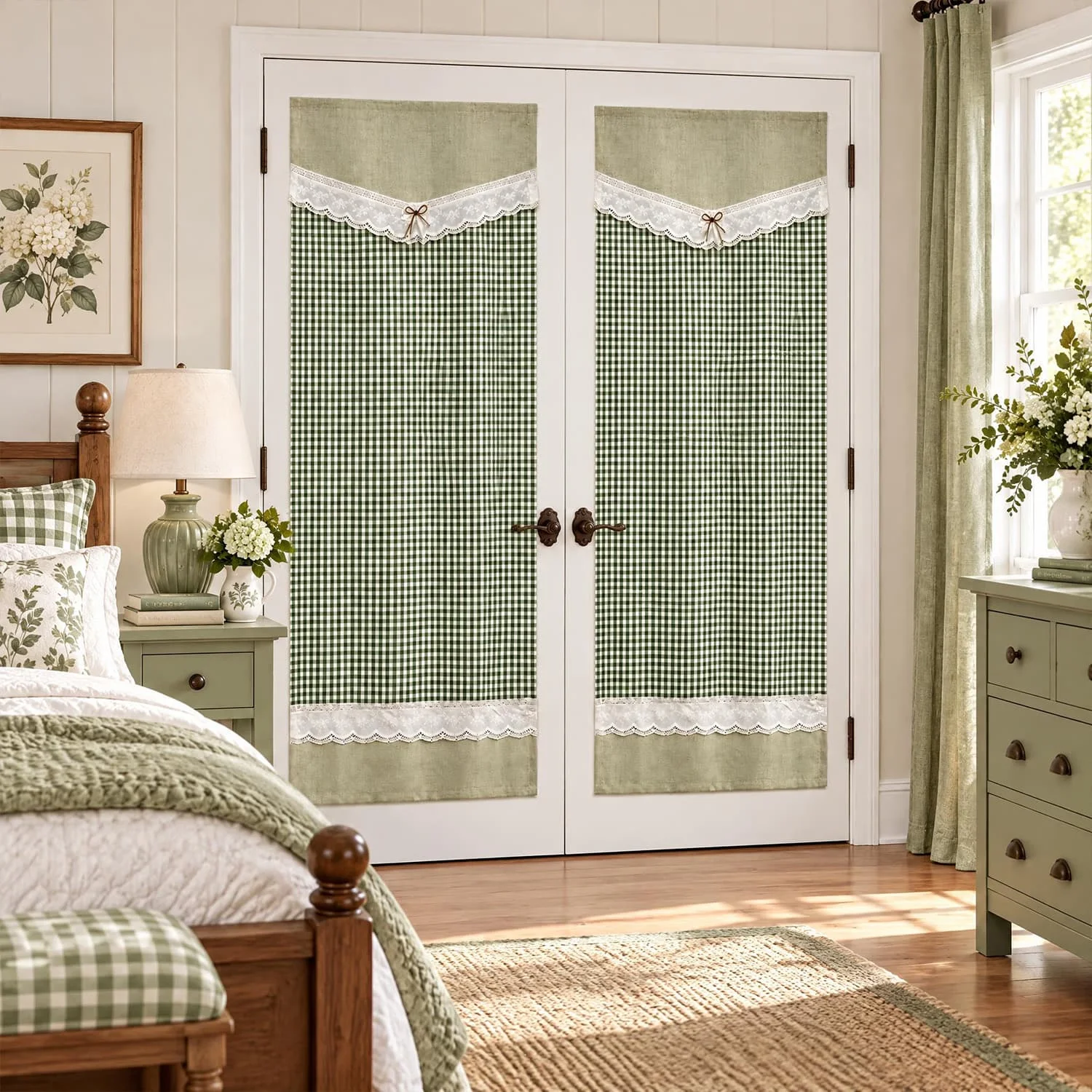 1PC Pastoral Green Lattice Lace Stitching Door Curtain, ‌Adhesive Fastening Tape‌, for Living Room, Kitchen, Study Partition