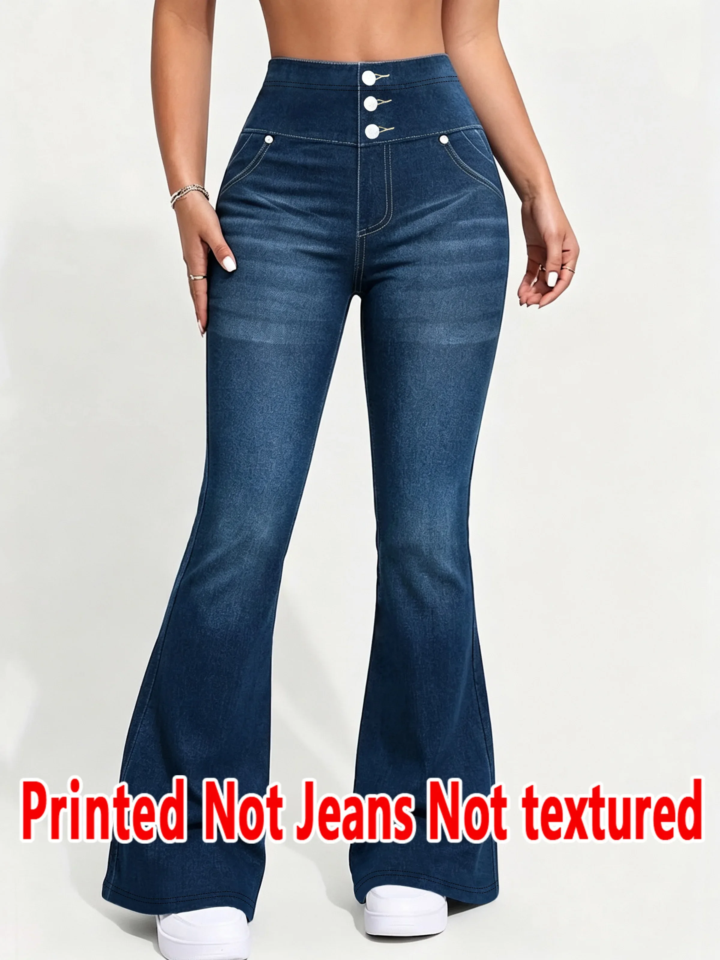 1591   Ladies Non-Leather Bell Bottom Pants Floral Print Denim Look Spring Autumn Winter Wearable Ladies Long Trousers
